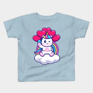 Cute Unicorn Sitting On Cloud With Rainbow And Love  Balloon Cartoon Kids T-Shirt